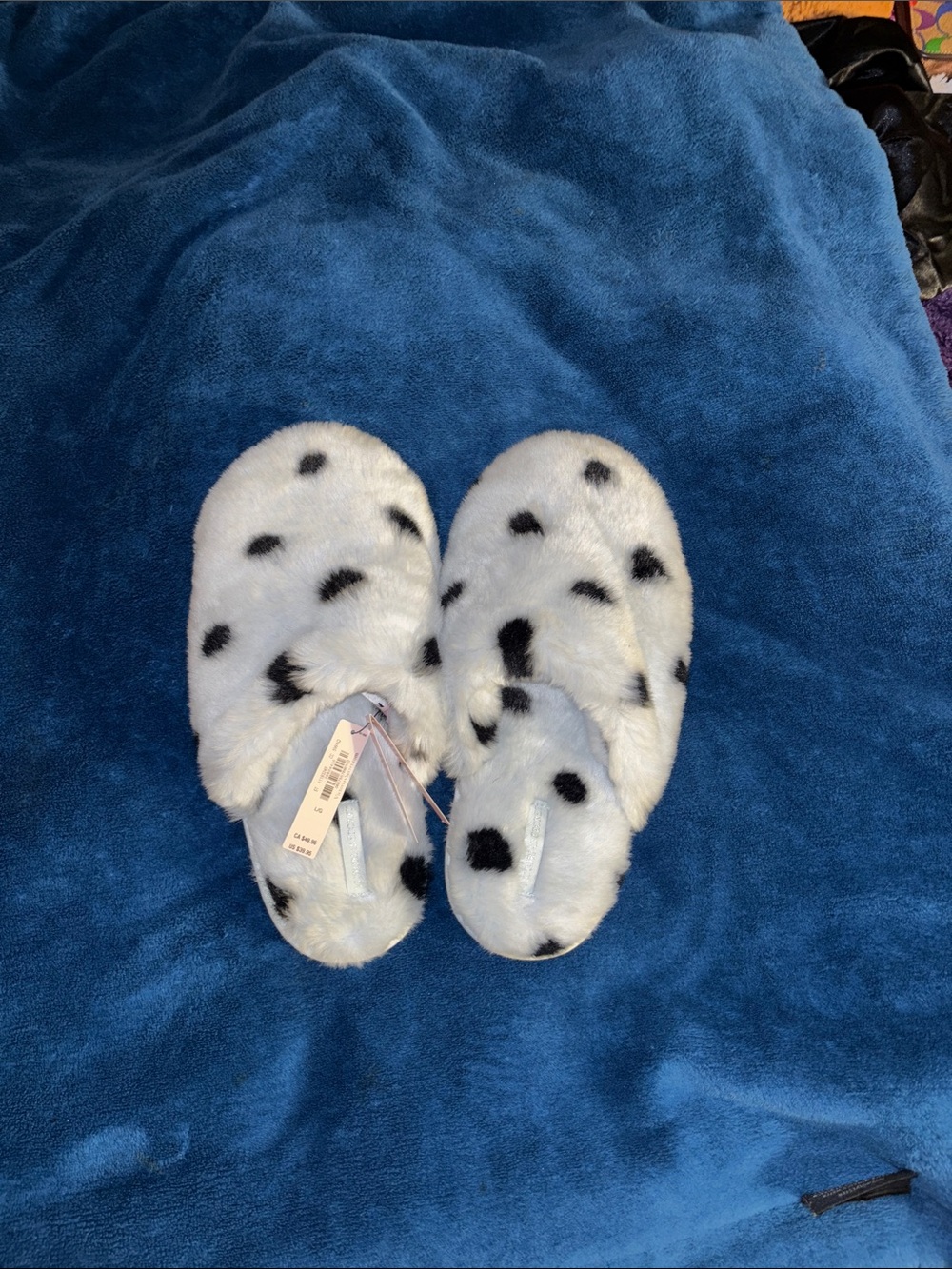 Victoria's Secret Blue Fuzzy Slip-On Slippers with Black Spots
